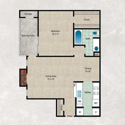 Floor plan for 1 bed, 1 bath, 738 sqft
